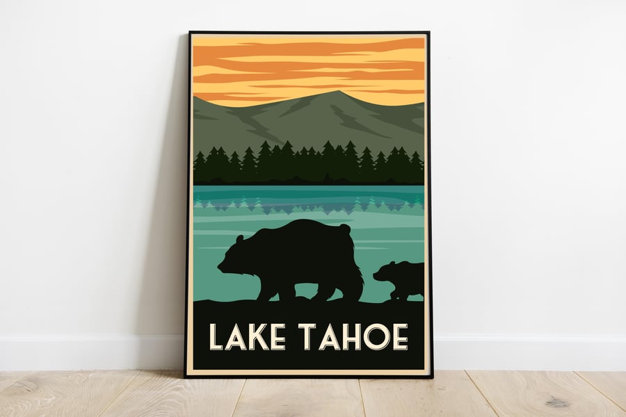 Lake Tahoe retro travel poster, Lake Tahoe travel print, USA travel art