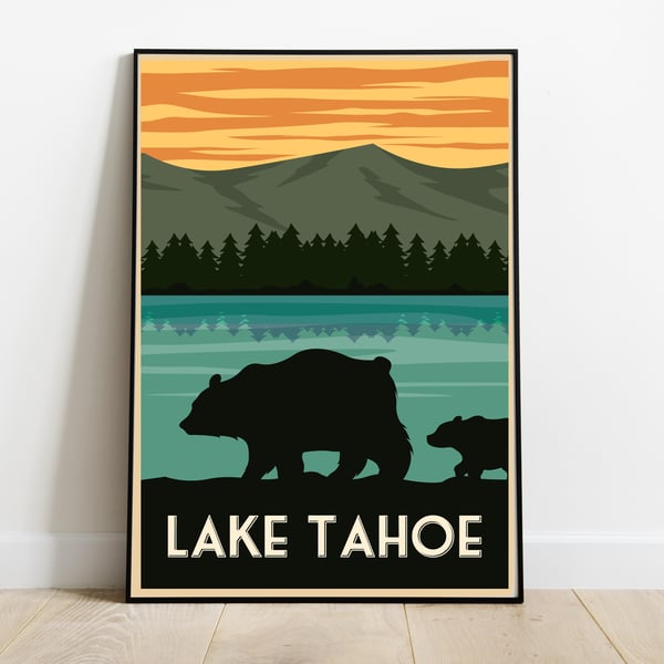 Lake Tahoe retro travel poster, Lake Tahoe travel print, USA travel art