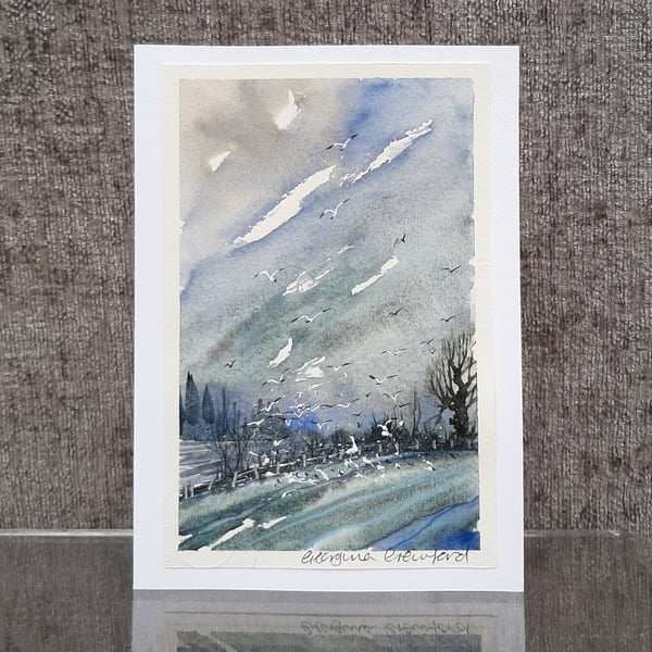 Blue Landscape With Birds. Blank Card. Original Painting