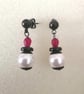 white, red & black earrings, dangle pearl & quartz  - Image 9