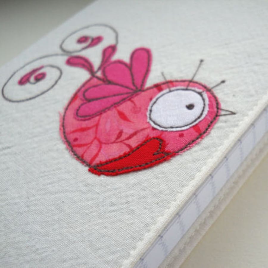 embroidered notebook - pink bird fabric cover - A6