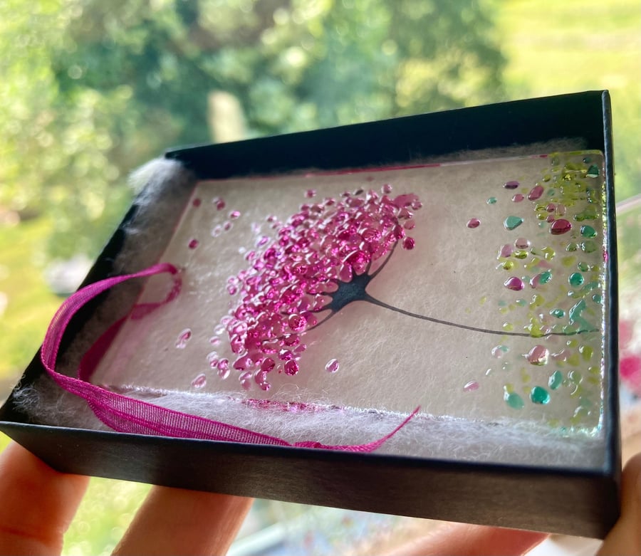 Small Fused glass Red or Pink whimsical Jewels Flower Sun catcher