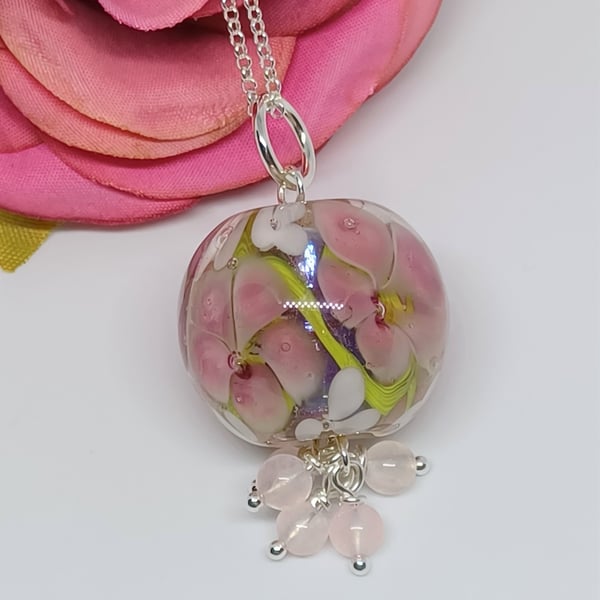 Pink Flower Lampwork Glass Pendant with Rose Quartz Drops