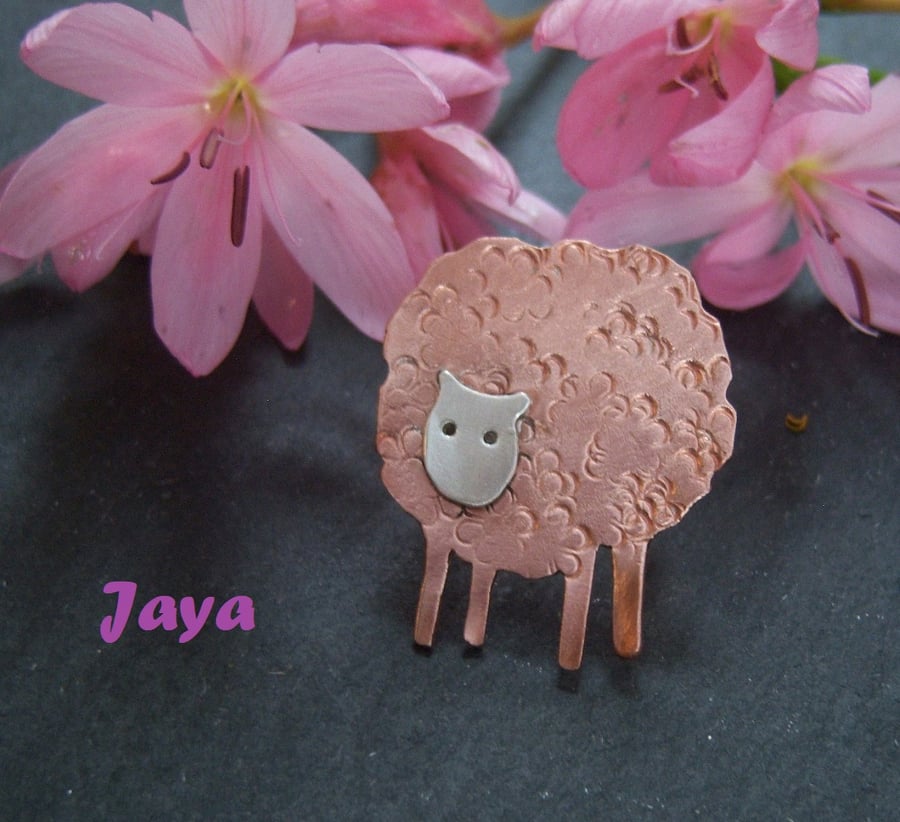 Sheep brooch in copper and sterling silver