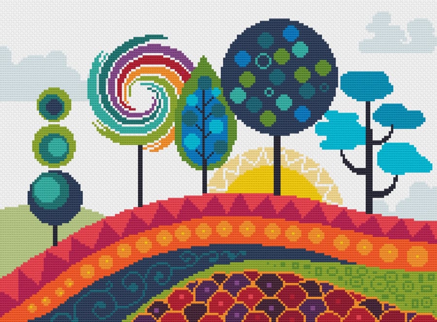 181 - Cute Lollipop Trees Fantasy Abstract Sunset & Nature -Cross Stitch Pattern