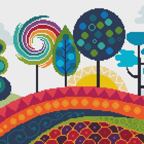 181 - Cute Lollipop Trees Fantasy Abstract Sunset & Nature -Cross Stitch Pattern