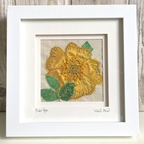 Briar rose sunshine yellow floral textile artwork