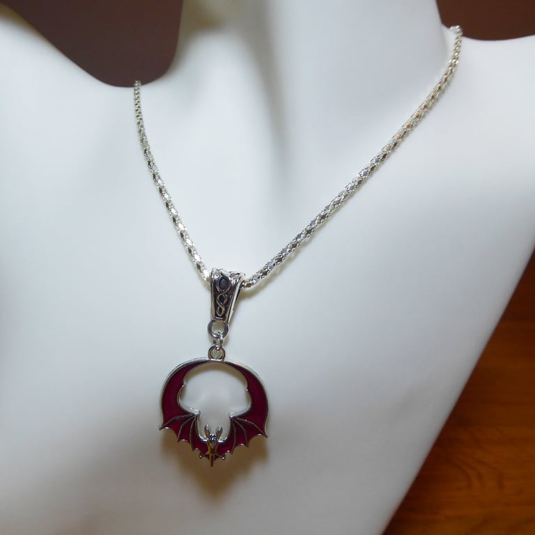 Red and Silver Enamelled Bat Pendant Necklace with Long Chain
