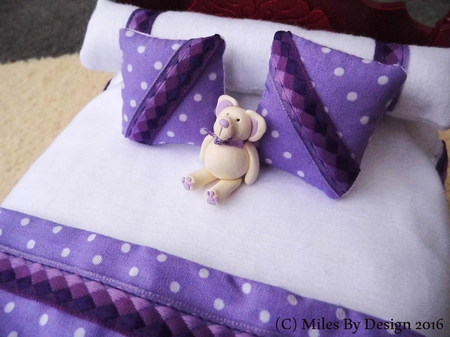 1:12 Scale White & Lilac Polka Dot Dolls House Bedding Set with Teddy Bear