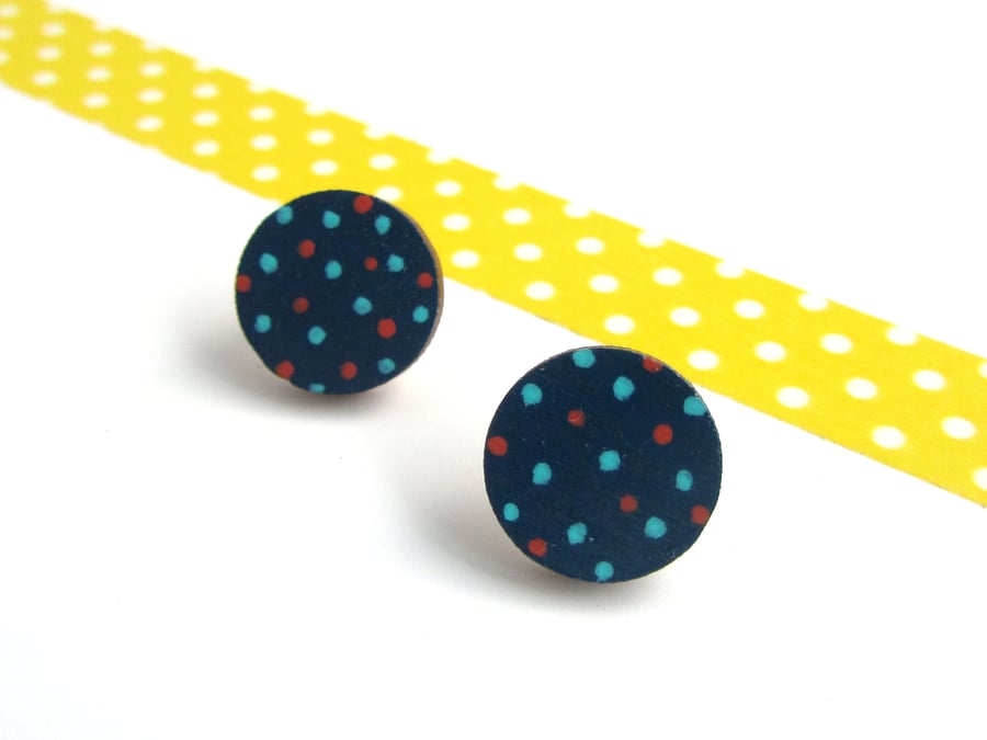 Polka Dot Wooden Circle Stud Earrings