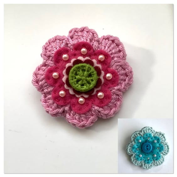 Crochet, Felt and Dorset Button Flower Brooch