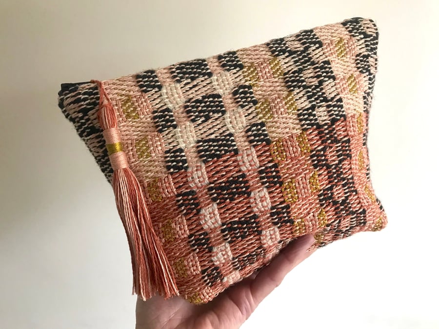 Luxurious handwoven tassel trim clutch bag.  Slate-Blush-Terra. 