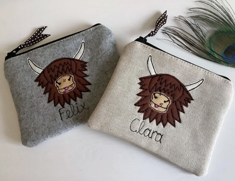Personalised Highland Cow Coo Purse - Wallet or Pouch - Linen or grey