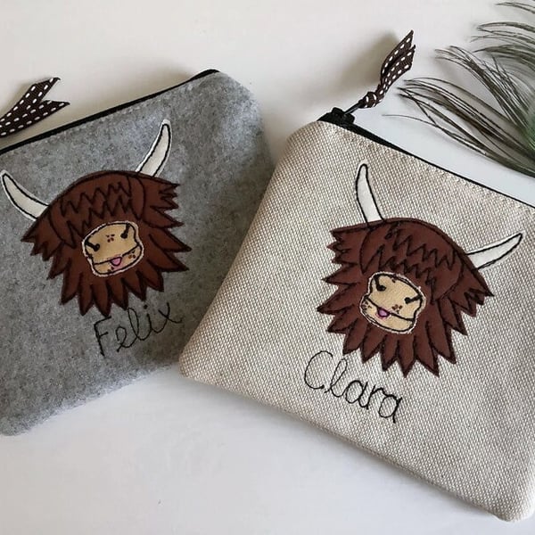 Personalised Highland Cow Coo Purse - Wallet or Pouch - Linen or grey