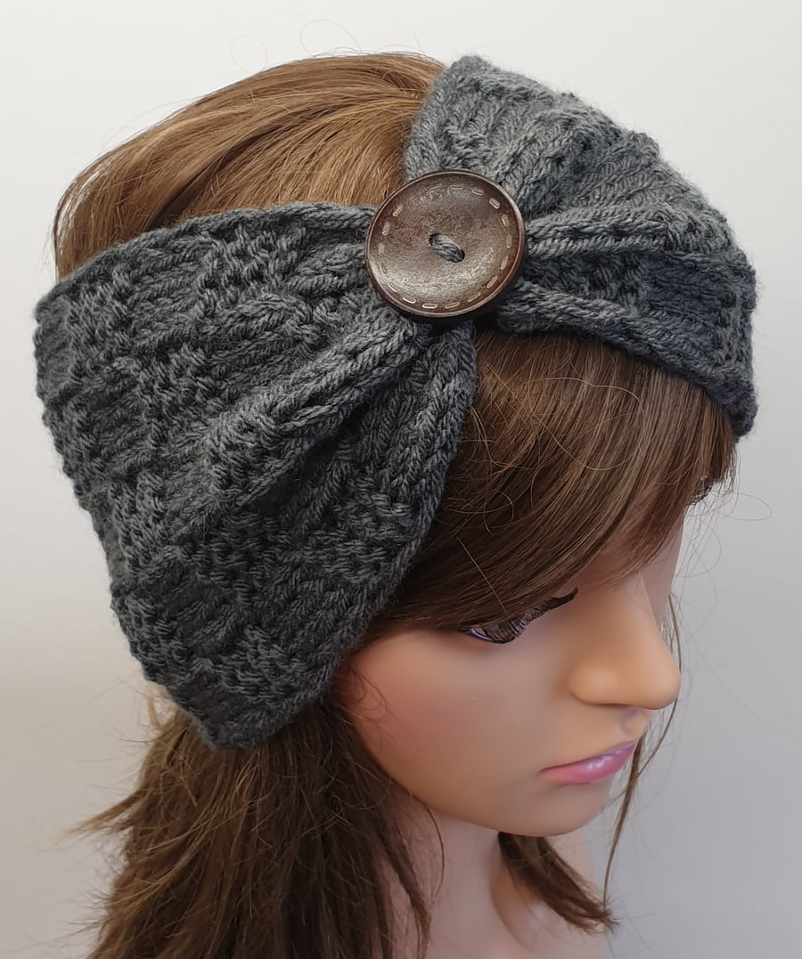 Hand knitted headband women head band dark grey head wear