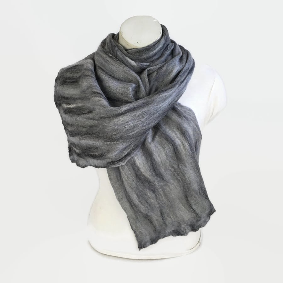 Seconds Sunday - Grey nuno felted merino wool and cotton scarf