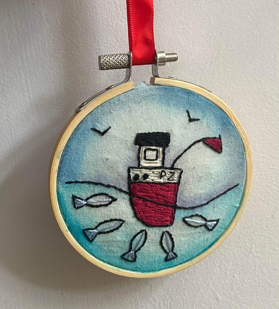 Embroidery hand sewn in bamboo display hoop Cornish fishing boat