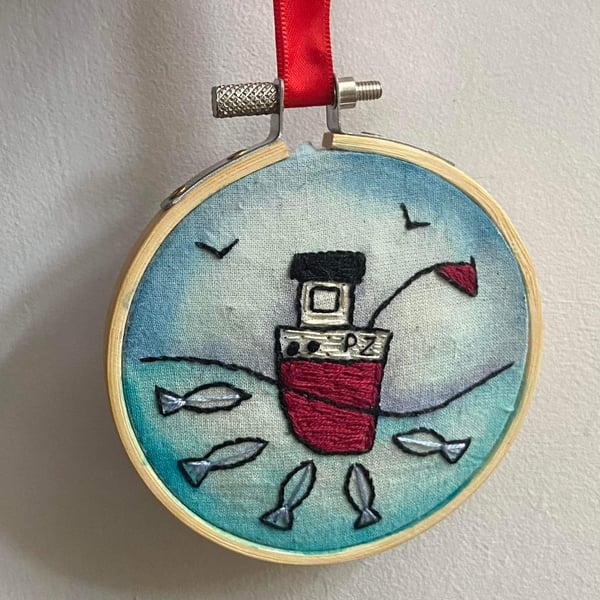 Embroidery hand sewn in bamboo display hoop Cornish fishing boat