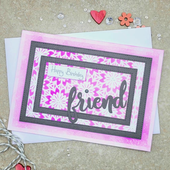  Friend Birthday Card - cards, handmade, birthday, floral, grey, pink, lilac