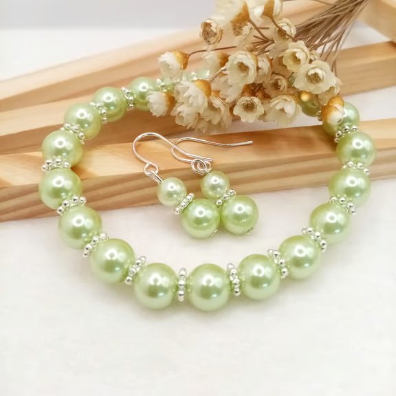 Lime Green Pearl Earring & Bracelet Set, Silver Flower Jewellery Set, Gift Boxed