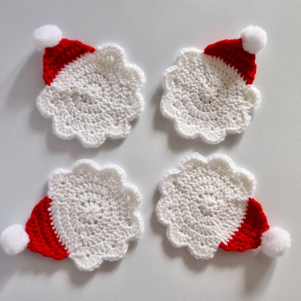 Santa Hat Coasters for Christmas - Handmade Crochet - Set of 4
