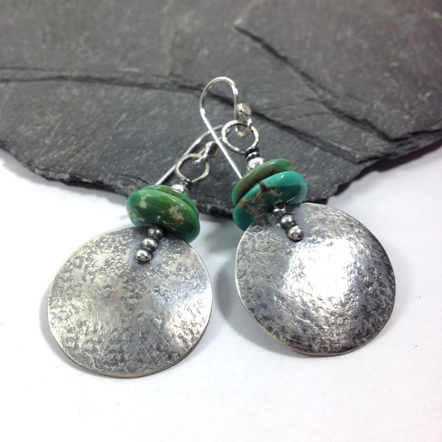 Large round silver and turquoise earrings 