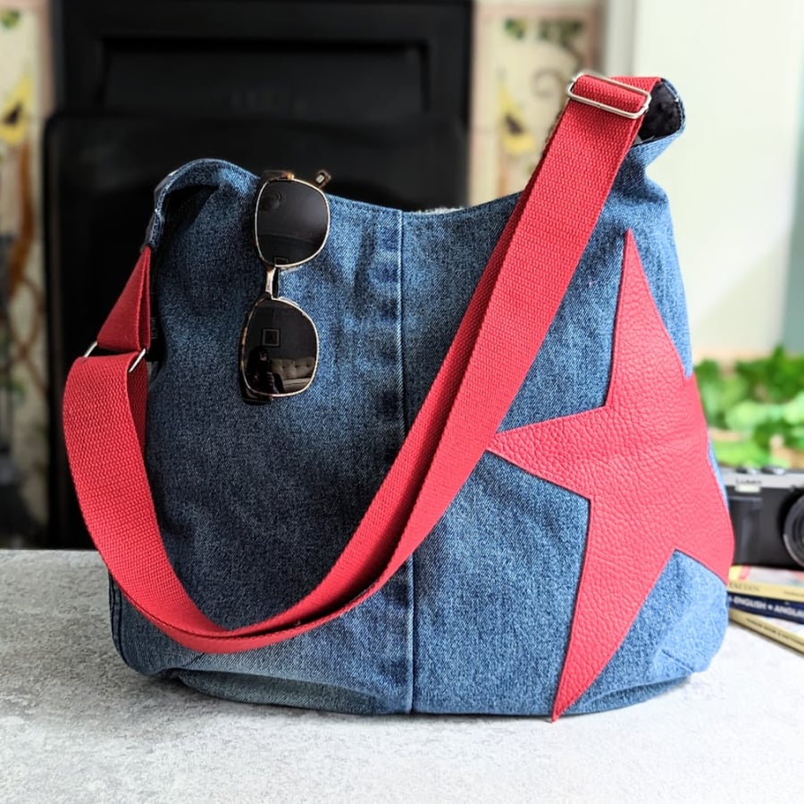 Denim Bag - Denim Cross Body Crossover Jeans Bag with Red Leather Star (P&P inc)