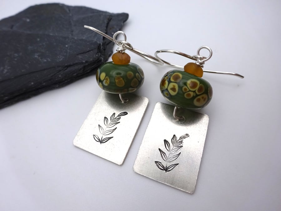 silver leaf charm lampwork glass earrings
