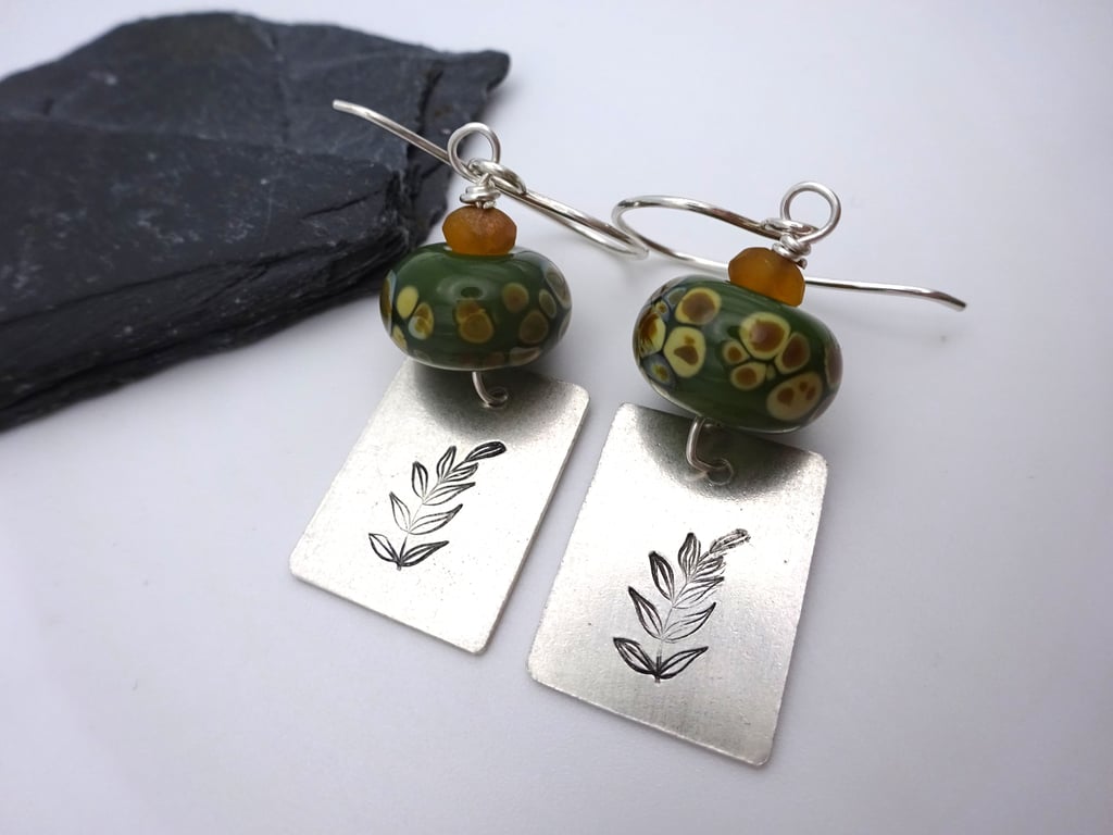 silver leaf charm lampwork glass earrings