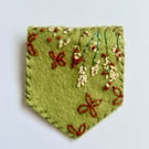 Felt floral banner brooch pin, hand embroidered,  green 