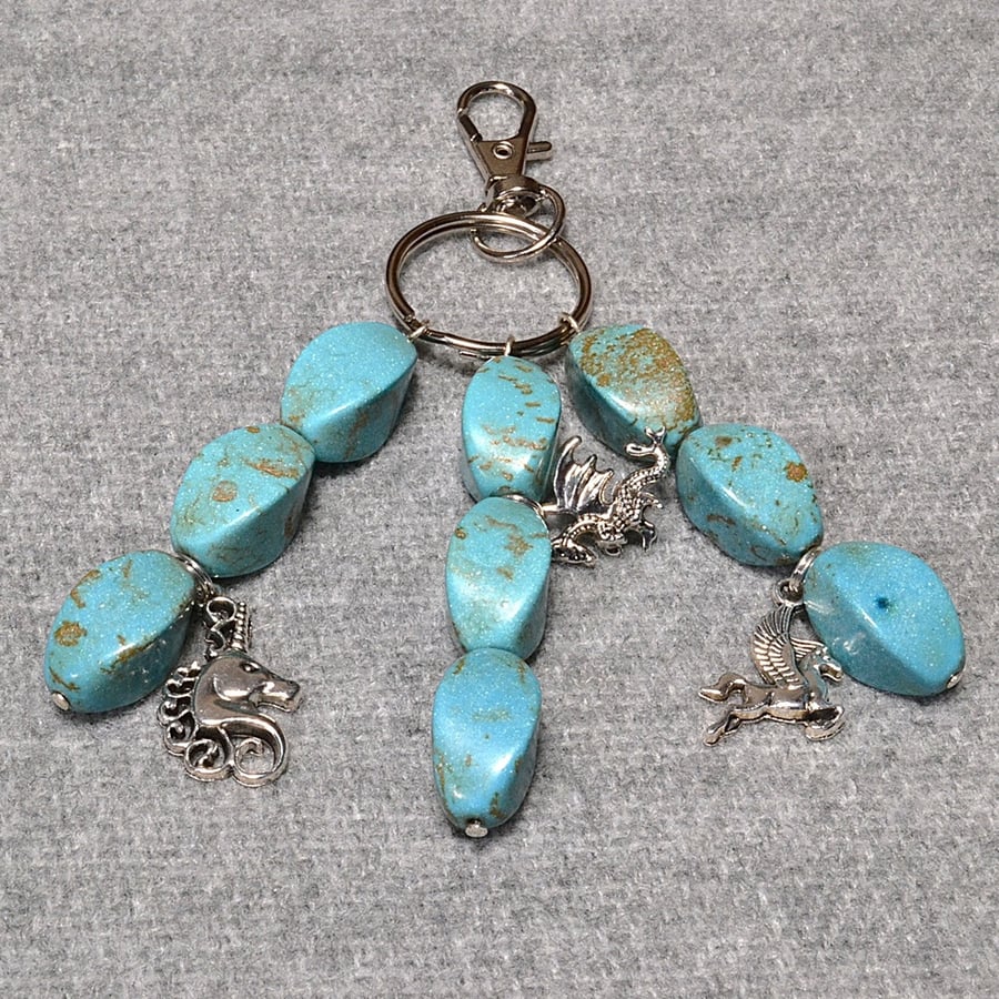 Bag Charm – Turquoise Swirls and Mythical Creatures Triple Dangle