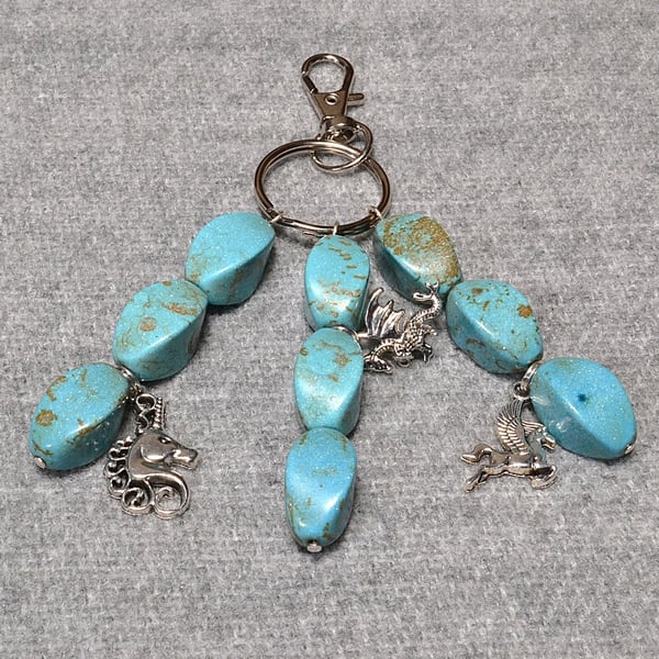 Bag Charm – Turquoise Swirls and Mythical Creatures Triple Dangle