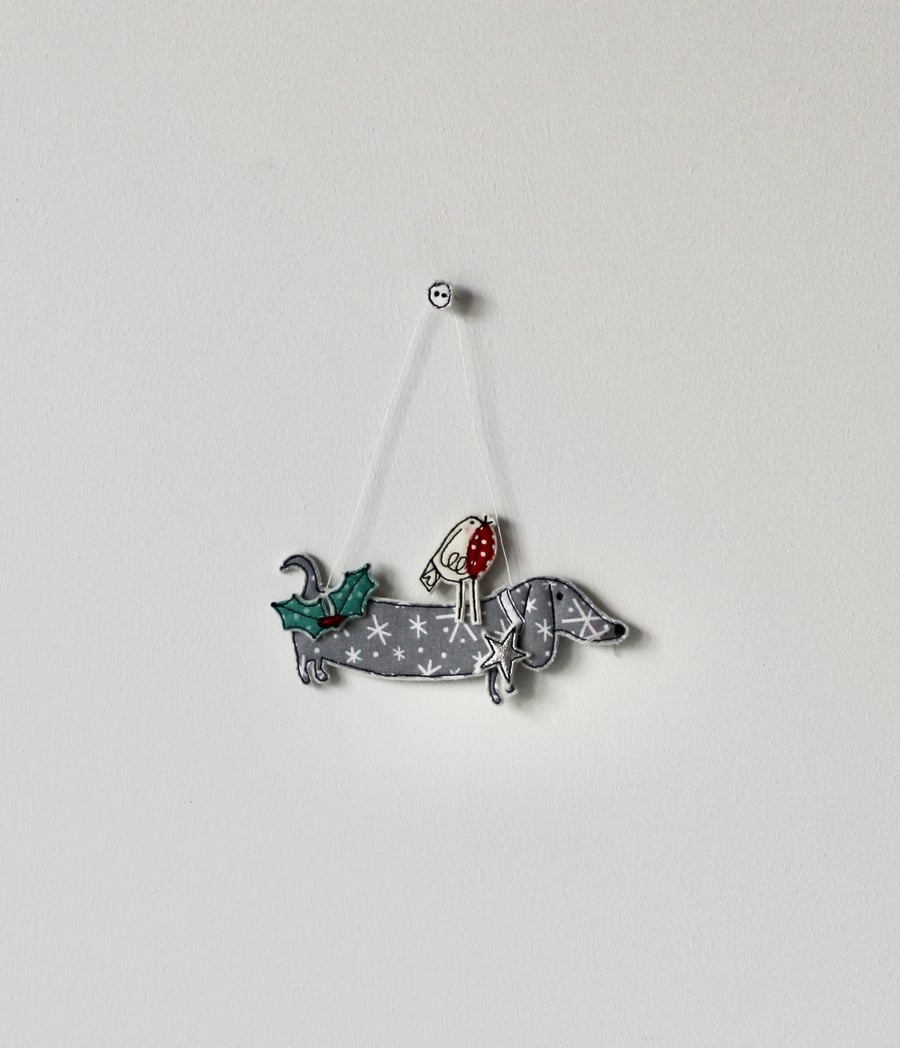 'Sausage Dog with a Robin' - Hanging Decoration