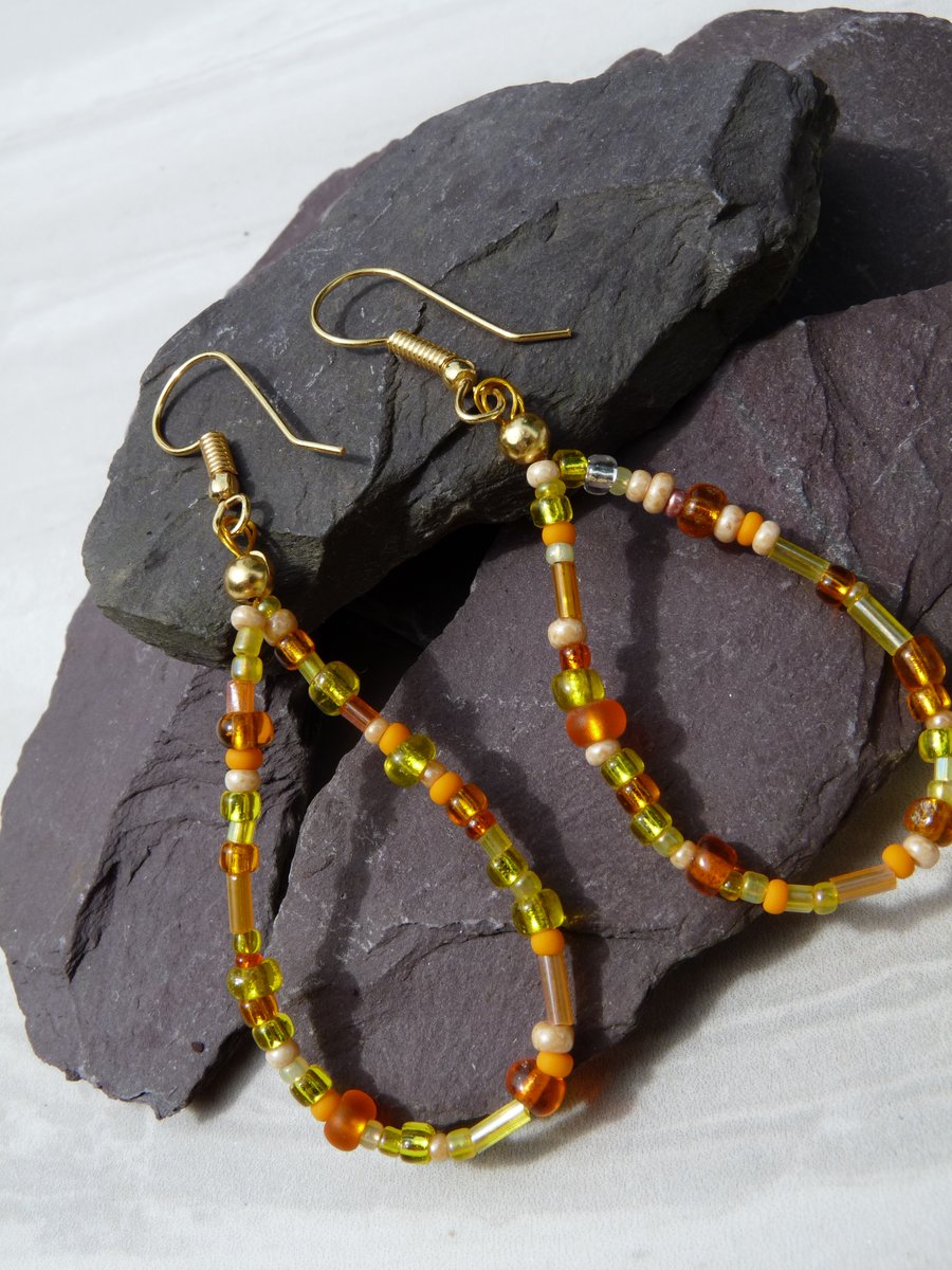 Yellow & Orange Beaded Hoop Earrings, Boho Festival Earrings