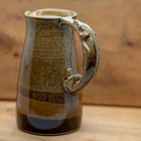 Large Handmade Ceramic Jug with hand carved sighthound handle