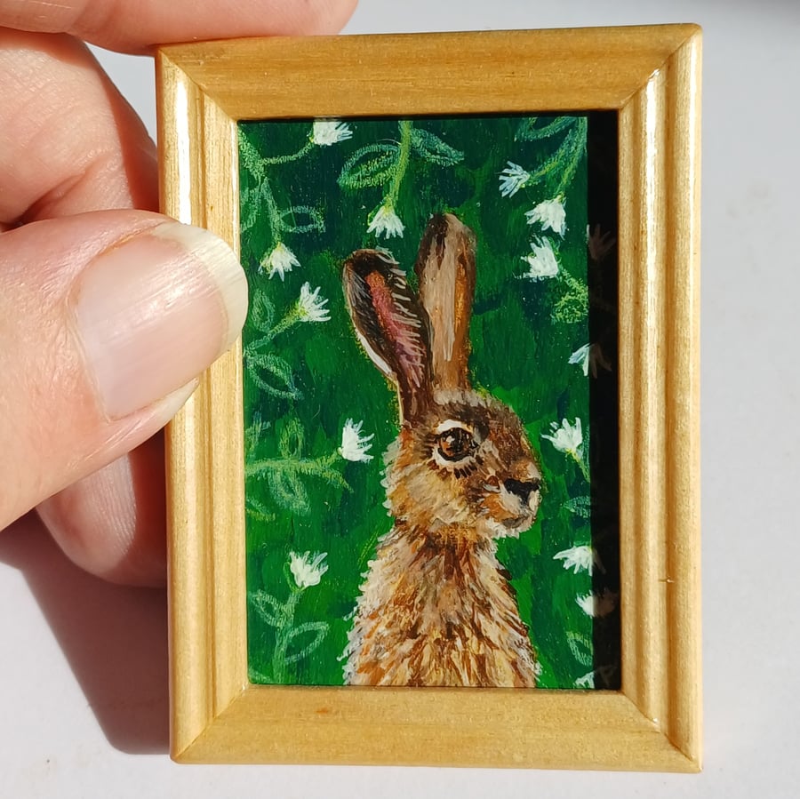 Hare Amongst The Flowers  Miniature Oil Painting Dollhouses and Small Spaces 