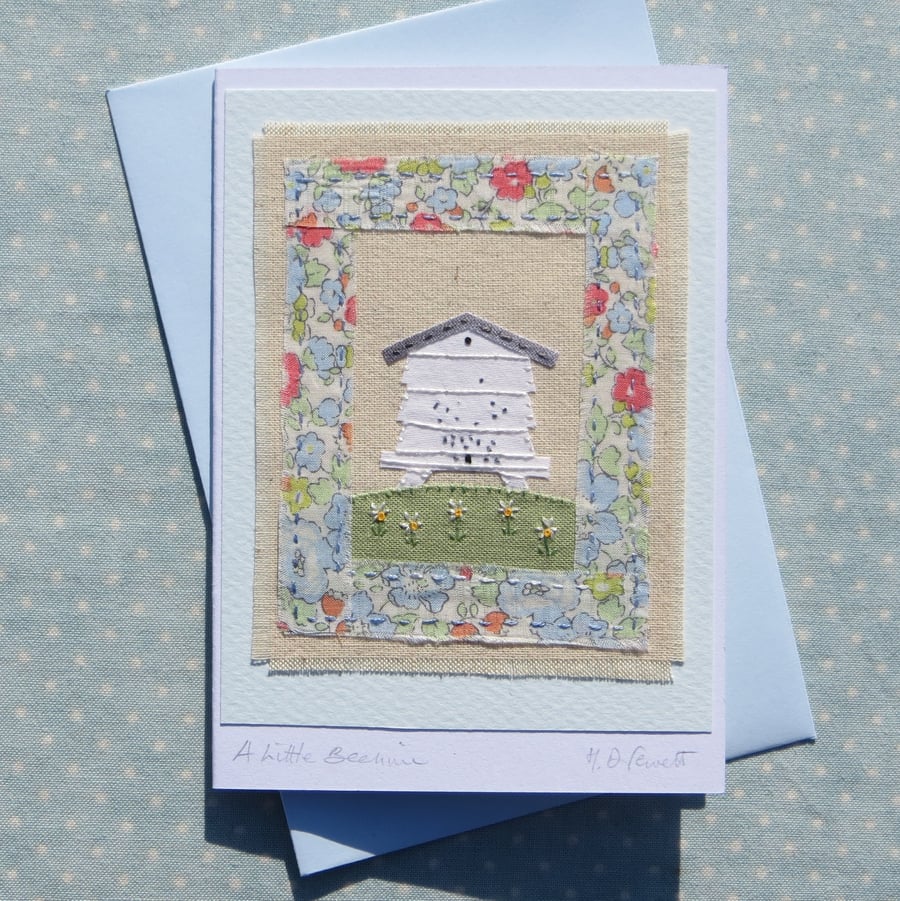 A Little Beehive hand-stitched card with embroidered bees and flowers