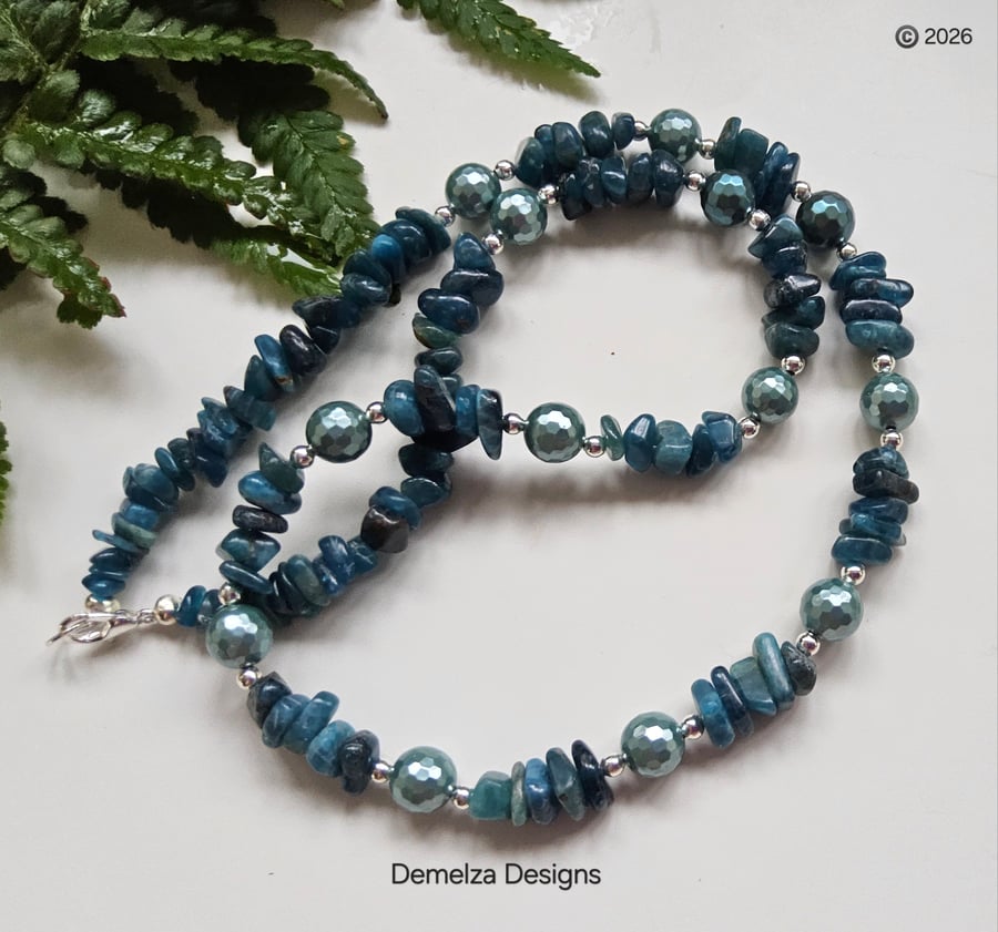 Designer Deep Teal Blue Apatite & Faceted Shell Pearl Necklace