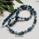 Designer Deep Teal Blue Apatite & Faceted Shell Pearl Necklace