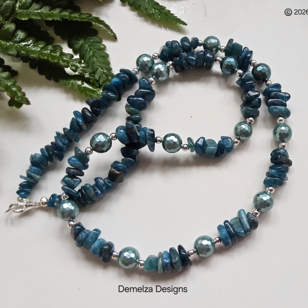 Designer Deep Teal Blue Apatite & Faceted Shell Pearl Necklace