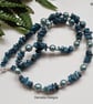 Designer Deep Teal Blue Apatite & Faceted Shell Pearl Necklace