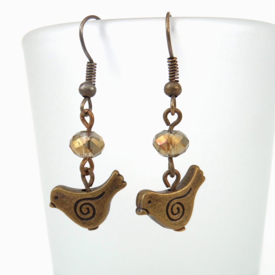 Gold crystal and bronze earrings with little bird charm