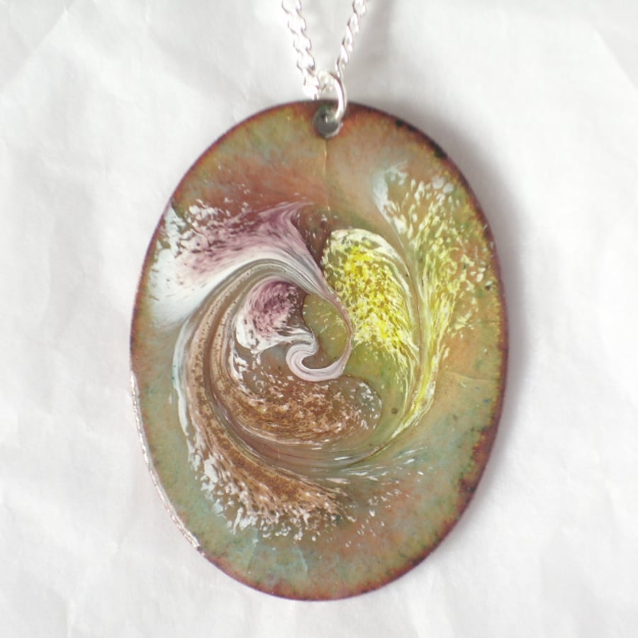 enamel pendant - oval scrolled white, purple, gold, brown on grey over clear