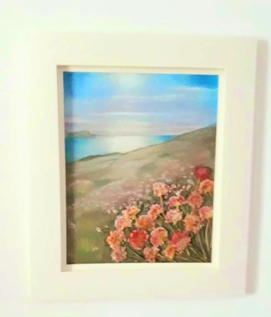 Seascape and Sea Pinks ...with real pressed coastal sea thrift flowers