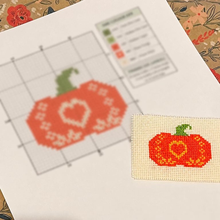 Simple Pumpkin Heart Love Autumn Counted Cross Stitch Pattern Chart Card PDF 