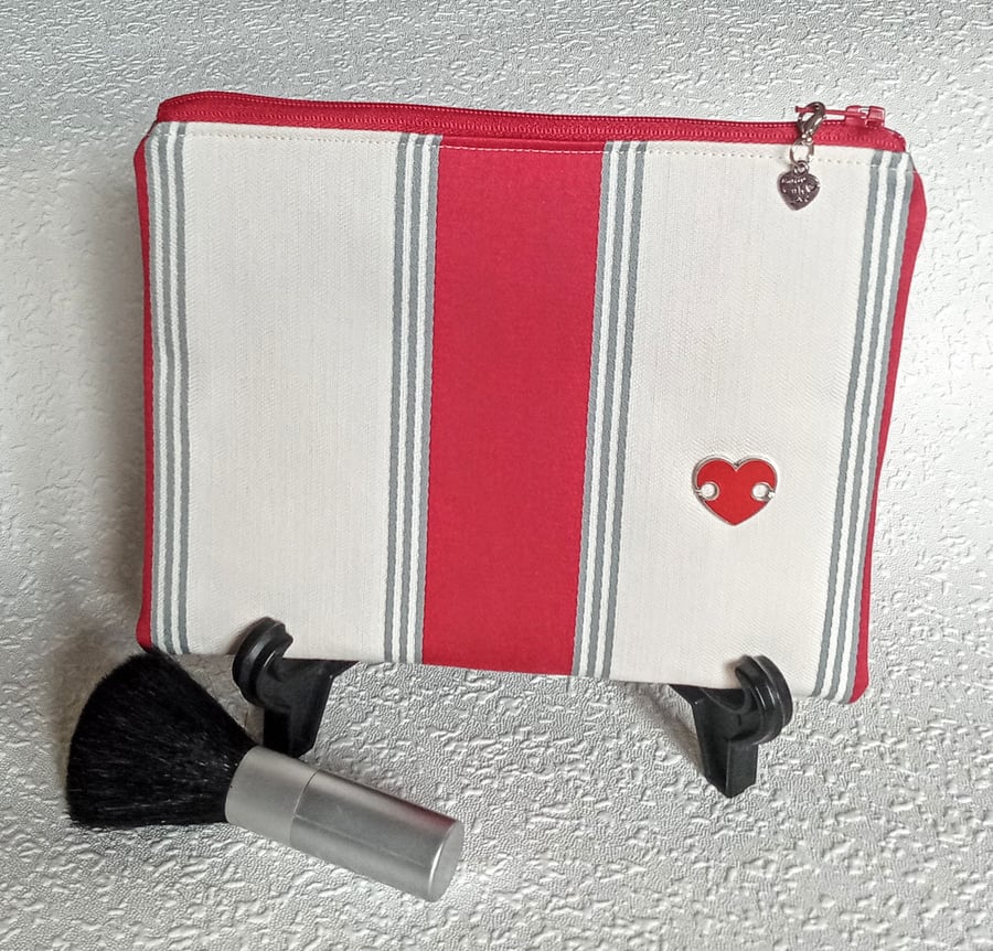 Upcycled cherry red striped make up bag 151E