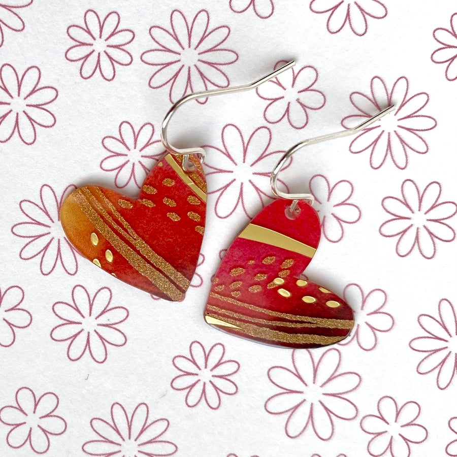 Recycled plastic red & gold heart earrings