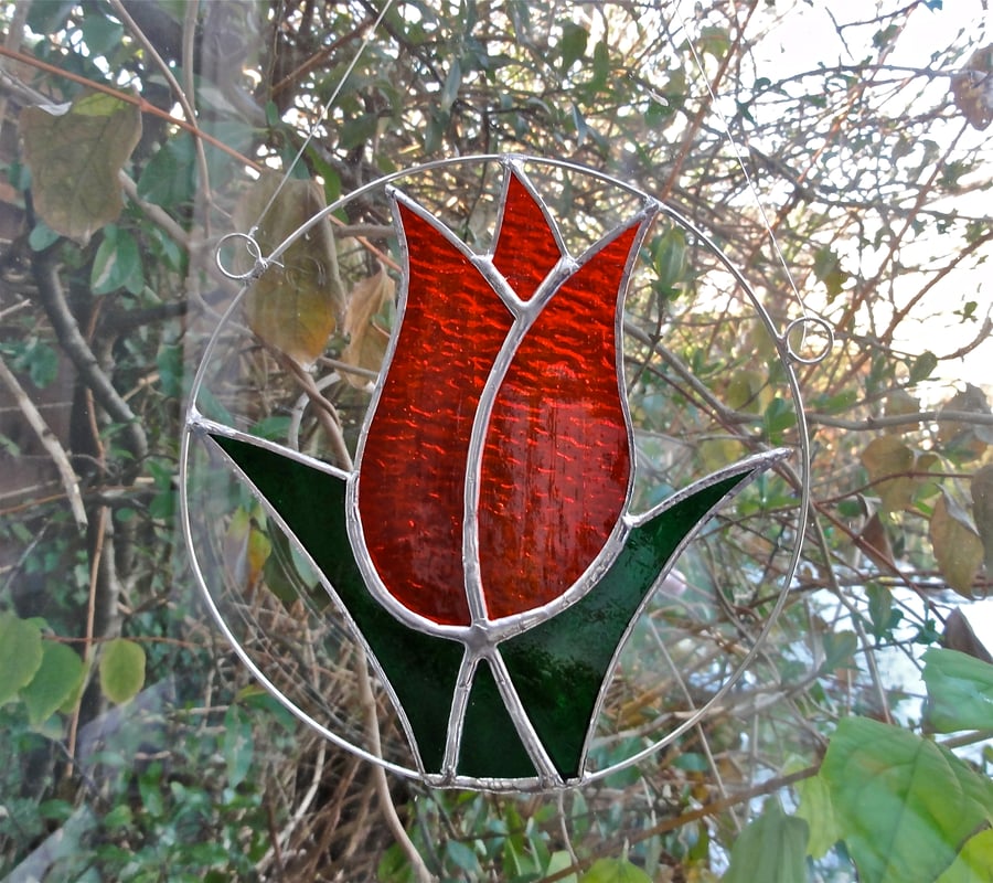 Stained Glass Tulip Suncatcher - Red