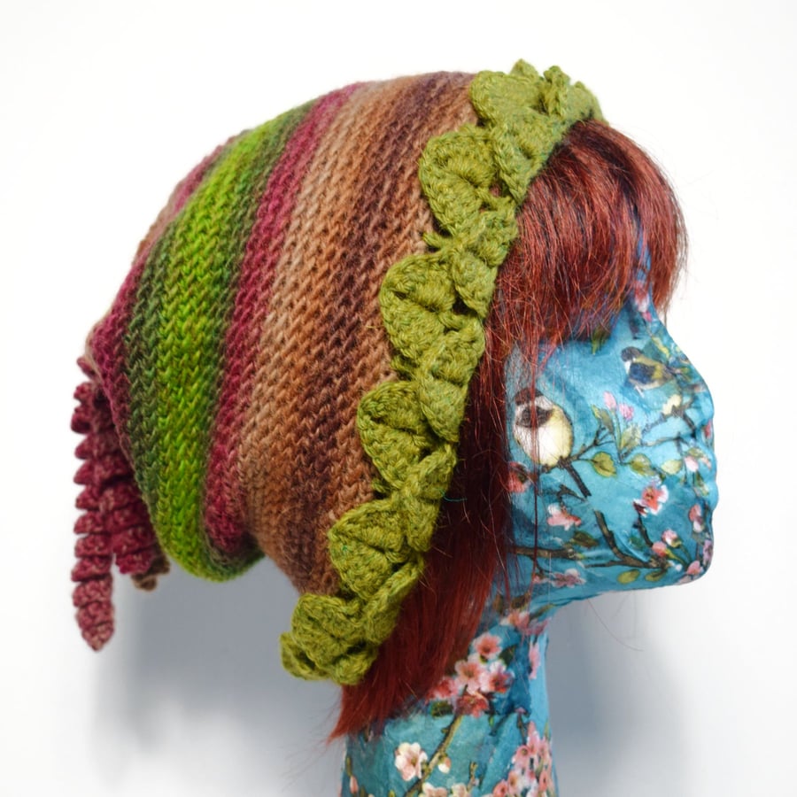 Dragonscale Hat with Spiral Tassels in Wool Blend Yarn