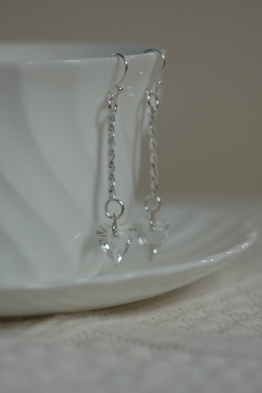 Sterling silver twist drop earrings with crystal hearts,  E61